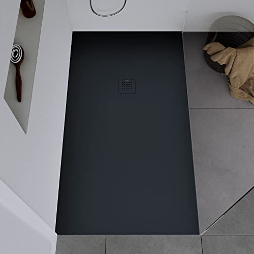 DURAVIT Duschtasse 140x80 cm, Flache Bauhöhe, Duschwanne DuraBayas in Dunkelgrau Matt aus Mineralguss mit integriertem Ablaufdeckel, Duschbecken mit Gefälle