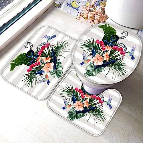 Badematte Set 3 Teilig 40x60 Anker Badematten 3D rutschfest Waschbar Badvorleger WC Vorleger Deckelbezug U-Förmige Badteppich Badezimmer Cartoon Blumen Palmblätter Nautisch Badezimmerdekoratio