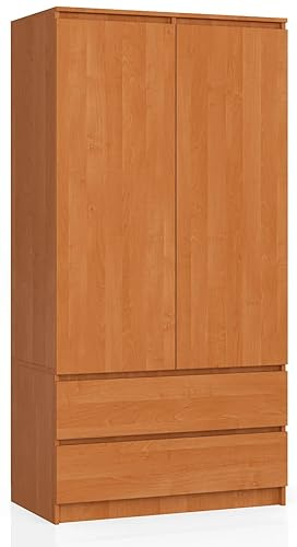AKORD | Armario STAR S | 90 cm de dos puertas | 2 cajones con estantes y barra de ropa | Armario de dormitorio | Armario | Panel laminado de 16 mm | Erle