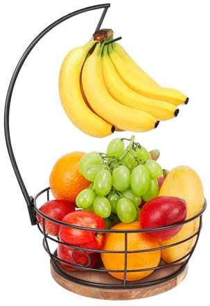 Livabber Countertop Fruit Basket Bowl with Banana Hanger, Modern Standing Fruit Vegetable Bowl Storage, with Banana Tree Holder for Kitchen Dinning Table (Round Wood, Black)