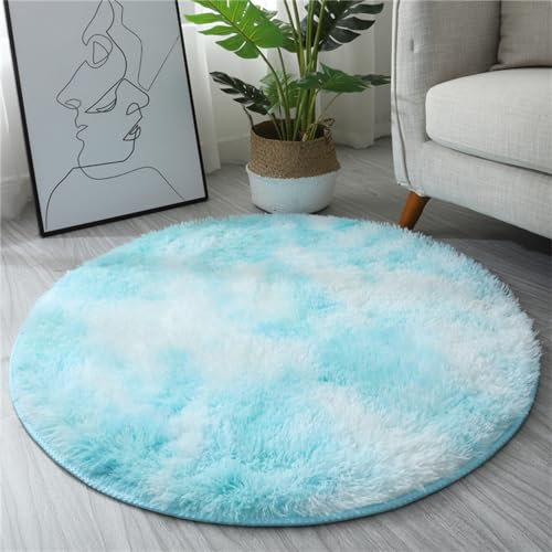 Hiseng Teppich Rund Schlafzimmer Teppich Modern Flauschiger Waschbar, Hochflor Plüsch Weicher Teppich Wohnzimmer für Innen Wohnzimmer Kinderzimmer (200cm,Hellblau Gradient)