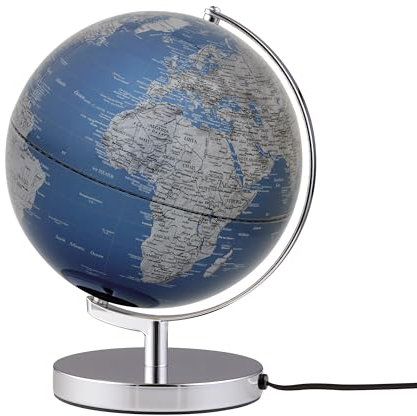 TROIKA Globus beleuchtet Ø 25 cm TERRA LIGHT Licht LED Globus metallic blaue Meere & silberne Landflächen, verchromter Metallfuß, weicher Filzboden bewegliche Achse - ideal zum Verschenken
