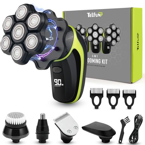7D Tondeuse pour Hommes Chauves, Telfun Tondeuse à Tête Détachable avec Écran LED, Utilisation à Sec/Humide, IPX7 Étanche, Charge Type-C