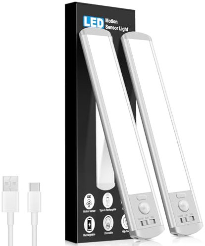 Under Cabinet Kitchen Lights,2 Pack of 6500K Motion Sensor Lights Indoor Dimmable Cupboard Light 2000mAh Rechargeable Wardrobe Lights with Magnetic Strip for Stairs, Wardrobe, Hallway, Kitchen, Garage