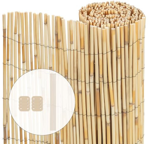 VOUNOT® Pantalla de Valla Caña Natural Reforzada, Pantalla Privacidad Rollos de Vallas Decorativas con Herrajes Montaje, Estera Caña Protección Visual Al Aire Libre para Patio Balcón Jardín, 100x300cm