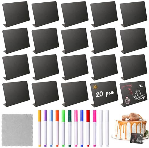 KATLINNA 20 Stück Kreidetafel Klein Buffet Schilder Mini Kreidetafeln zum Beschriften Kunststoff Kleine Tafeln mit 12 Kreidemarker für Nachrichtenschilder, Preisschilder, Tischkarten, Hochzeit Party