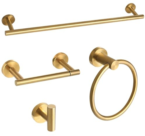 Brushed Gold Bathroom Hardware Accessories Set 4 Pieces,Towel Bar Set Stainless Steel Wall Mounted, Includes 24 in Hand Towel Bar, Towel Ring Holder,Toilet Paper Holder, Bathroom Towel Rack Set Gold