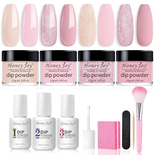 Honey Joy Dip Powder Nail Kit Starter, 4 Colors Pink Glitter Nude Fine Dipping Powder Liquid Set with Base Top Coat Activator for Nail Art Manicure Salon DIY No LED Nail Lamp Needed, Dip-7pcs-No.17
