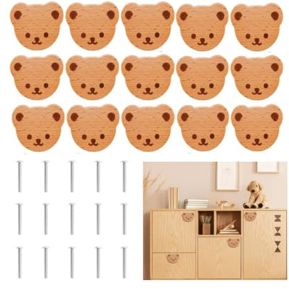 Tagtight 15 Boutons de Meubles, Boutons de Tiroir en Bois, Boutons de Placard en Bois, Boutons de Tiroir Ours pour Enfants, Commode, Tiroirs, Cuisine