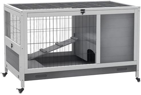 Jaula para Conejos y cobayas PawHut con 4 Ruedas, conejera de Madera y rampa, Gris, 90x53x59 cm