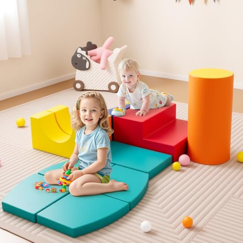 RELAX4LIFE Set di 10 Blocchi di Schiuma per Arrampicata, Blocchi di Costruzione con Superficie in Pelle Artificiale, Palestra da Gioco Interno per Arrampicarsi e Scivolare, per Bambini di 1-3 Anni