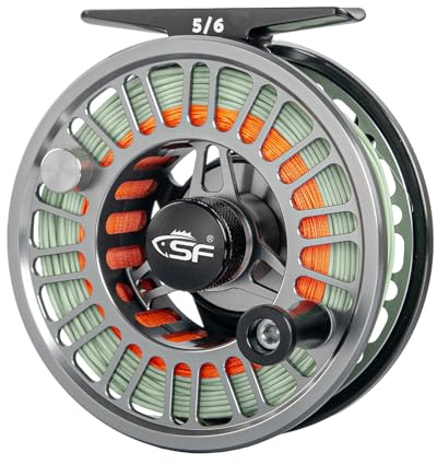SF SF-003 Pro Fly Fishing Reel for Freshwater - CNC Machined, Mid Arbor Design, Smooth Drag System, Lightweight Aluminum Body - 5/6wt, Gunmetal Gray & Black,Pre-Loaded Moss Green Fly Line Kit