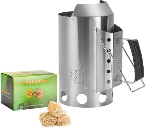 Onlyfire Grande Accenditore a Ciminiera in Acciaio Inox con 50 Accendifuoco Ecologico, Ciminiera di Accensione con Maniglia di Sicurezza Isolata Termicamente, Accenditore Rapido per Griglia a Carbone