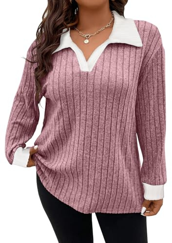 Gemulate Plus Size Tops for Women Ladies Jumpers UK Long Sleeve top Fall Winter Striped Sweatshirts Casual Xmas Pullover Sweaters PinkWhite 4XL