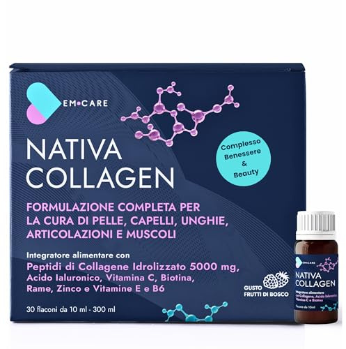 EM CARE Collagene da Bere - Collagene Marino Idrolizzato con Acido Ialuronico, Vitamina C, Biotina e Zinco - 30 Flaconi - Integratore per Pelle, Capelli, Unghie e Articolazioni