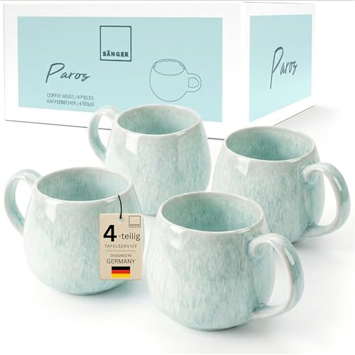 Sänger | Tassen Set Paros 4 tlg, Kaffeetassen 4 Personen, Steingut Tasse Handmade, Teetassen Set Spülmaschinenfest, Kaffeebecher Set Türkis Farben mit Sandiger Maserung 300 ml | PREMIUM COLLECTION