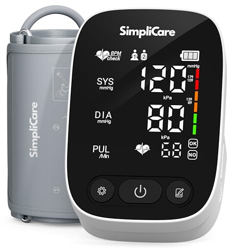 SimpliCare Upper Arm Blood Pressure Monitor for Home Use, FDA 510(k) Cleared Class II Medical Device, Wide-Range Cuff 22–42 cm, Large 5.2 LED Display, Dual User, USB-C & Battery (AES-U382)