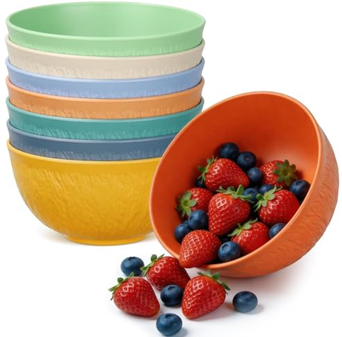 Cereal Breakfast Bowls 8 Pack Unbreakable Picnic Bowl 24 oz Plastic Lightweight Snack Pasta Salad Fruit Dessert Oatmeal Mixing Bowl for Kitchen Camping Dinner Soup Food Serving Bowl Reusable Bowls Set