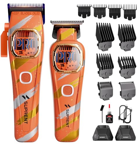 SUPRENT Professional Hair Clippers for Men - Cordless Barber Clippers & Zero-gapped Trimmer Set, Haircutting Kit with 10000 RPM Motor Speed, Blue Titanium-Coated Blades, Charging Stands (Orange)
