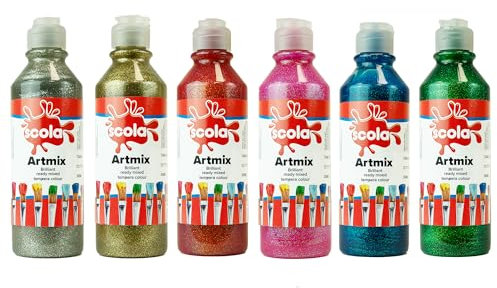 Scola Readymix Water Based Tempera Paint, 6 Assorted Glitter Colours, 300ml Bottles, Safe Non-Toxic Poster Paints, Craft Projects, Suitable for 3+