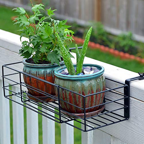 Adjustable Flower Pot Rack Holder Plant Stand - Expands 14-27 to accomodate Multiple flowerpots, Hanger Hooks fit Almost Any Balcony, Fence or Deck Railing up to 6 Wide - Steel Black