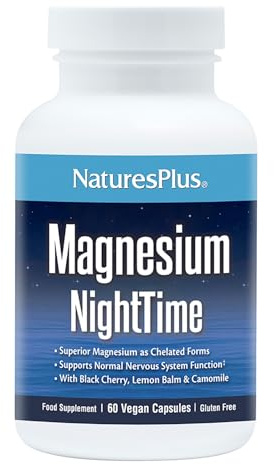 NaturesPlus Magnesium Night Time - Magnesium Glycinate and Taurate Supplement with L-Theanine, Ashwagandha, Lemon Balm, B6, Hops - Vegan, Gluten Free - 60 Capsules