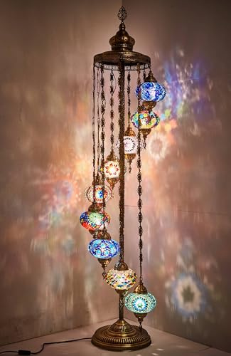 DEMMEX Lámpara de pie turca de 9 globos, 6 pies de alto, lámpara de pie de mosaico marroquí turco, lámpara de pie estilo Tiffany para dormitorio y sala de estar, iluminación decorativa hecha a mano