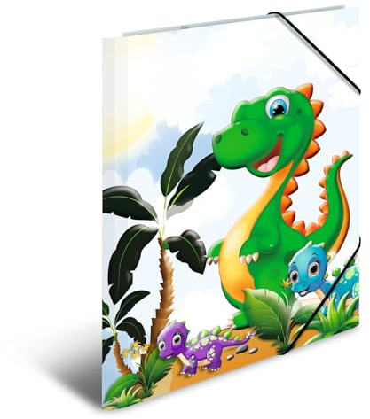 HERMA Folder A4 Dino Set, 3 Pieces, Corner Folder Made of Cardboard with Nursery Dinosaur Motif, Elastic Band, Inner Flaps and Inner Print for Boys, Girls and Children