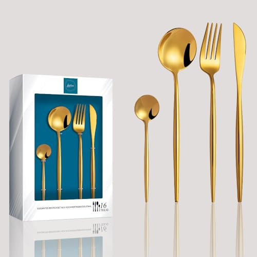 Kadum - 16-teiliges Besteckset Modernes Besteckset aus Edelstahl, 4x Suppenlöffel 4x Tafelgabel 4x Speisemesser 4x Teelöffel (Glänzend & Gold)