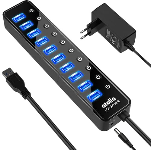 Hub USB Alimenté, atolla Hub USB 3.0 Multiprise 10Ports avec de commutateurs et des LED d'alimentation individuels Adaptateur 12V/2.5A pour Le Clavier, la Souris, l’imprimante, Les Pilotes durs, etc.