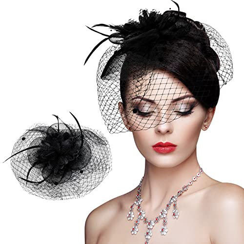 Faszinator Hut, Schleier Mesh Stirnband, Kirche Haarschmuck, Hochzeit Kopfschmuck, Fascinator Braut, Cocktail Headwear Mit Federn Blumen Clip (Schwarz)