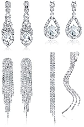 THUNARAZ 4 Pairs Silver Clip on Earrings for Women, Sparkly Rhinestone Tassel Chandelier Teardrop Dangle Earrings for Brides Bridesmaids Non Pierced Prom Jewelry Set Elegant Style