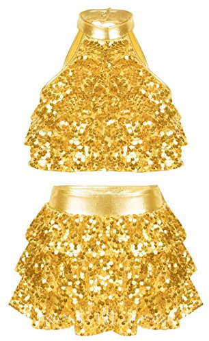 ranrann Enfant Fille Ensemble Danse Moderne Jazz Tenue Patinage Artistique Paillette Haut Gymnastique Jupe Gym Brillant Costume 3-16 Ans A Or 9-10 Ans