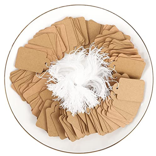 200 Stück Anhänger Etiketten, 48 x 30 mm Kraftpapier Anhänger Preisschilder Handmade Hängeetiketten mit Faden für Schmuck Kleidung Geschenke Weihnachten (Braun)