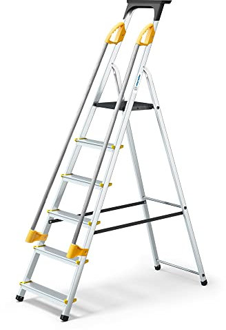 Escalera de 6 peldaños DURAMP con rampas de seguridad y estante portaherramientas, ligera y plegable, altura de plataforma 119 cm, garantía de 5 años, Hostrom