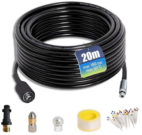 Rohrreinigungsschlauch 20m, Rohrreinigungs Set Kompatibel mit Kärhcer K2, K3, K4, K5, K6, K7 Hochdruckreiniger 400Bar 60°C inkl.Adapter, Düsen starr + rotierend