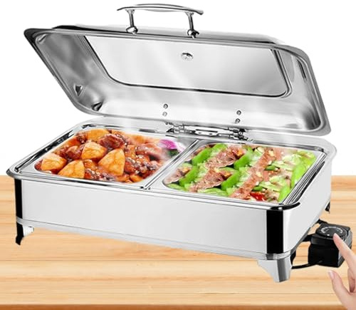 BOVDC Chafing Dish Elettrico, 9L Scaldavivande Elettrico per Buffet Acciaio Inox, Chafing Dish Buffet Elettrico Temperatura Regolabile con Coperchio Visibile(A, 1/2 PAN)