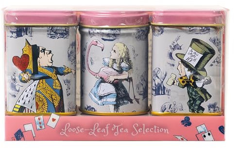 New English Teas Alice in Wonderland Pink 3x Mini Tea Tins with 3 Blends - English Breakfast, English Afternoon & Earl Grey
