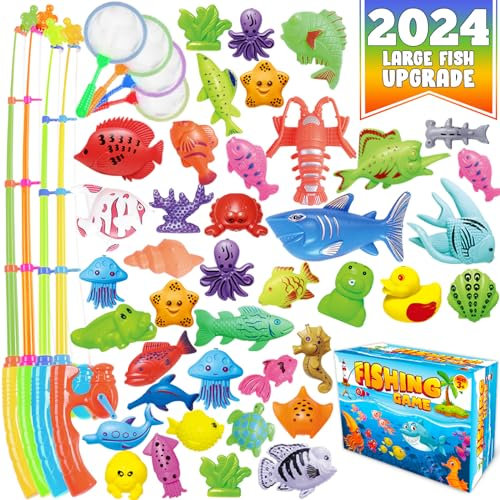 CozyBomB™ Magnetic Fishing Toys Game Set for Kids | Water Table Bathtub Kiddie Pool Party & Pole Rod Net, Plastic Floating Fish Toddler Color Ocean Sea Animals Christmas Birthday Gift Ages 3-5 4-8
