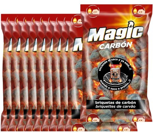 Anakel Home Pack 10 Bolsas de Briquetas de Carbón Autoencendibles de 1,4kg/u de Magic | Carbón Especial Barbacoas | Encendido Fácil y Limpio | 14kg en Total