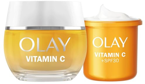Olay Vitamin + SPF30, 50 ml och refill/ersättning, 50 ml fuktgivande dagkräm mot fläckar med solskydd. Synligt ljusare och ljusare hud