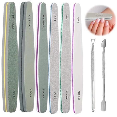 HANIUTTY Limas de Uñas Profesionales, 8 Piezas Lima de Uñas de Doble cara Limas de Uñas con Empujón de Cutículas Metales Lavable y Reutilizable Conjunto de Lima de Uñas Semipermanente para Salón