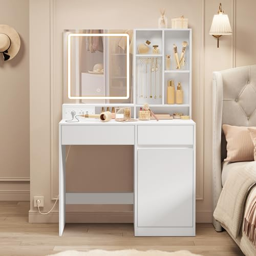 VASAGLE Kailyn Collection - Coiffeuse avec Miroir LED, Éclairage 3 Couleurs Réglable, Table de Maquillage, Largeur 90 cm, Tiroir, Multiprise, Rangement, Chambre, Style Moderne, Blanc Nuage RDT134WB01
