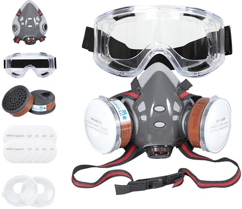 Halb Gesicht Staubmaske Set Filter für Dämpfe, Sand, Asbest, Gas, Säure und Ammoniak mit Schutzbrille, Partikelschutzfiltern Lackierer Masken und mehr mit 20 Filtrierbare Wattepads 2 Patronen
