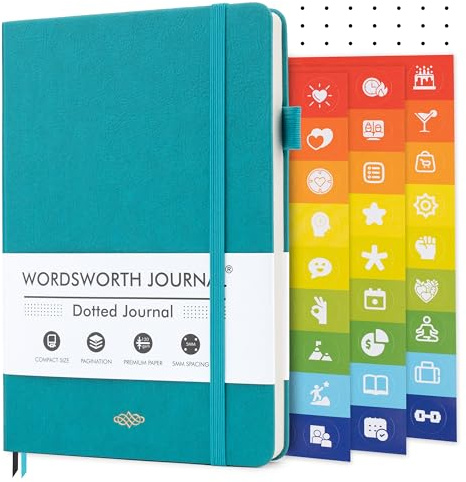 Wordsworth & Black A5 Bullet Dotted Journal, 216 páginas punteadas, tapa dura de cuero con rejilla, papel de 120 GSM, cuaderno para trabajo y bocetos – Caja de regalo incluida, Turquesa