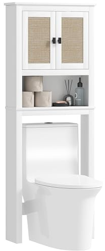 HOMCOM Mueble sobre Inodoro Estrecho Armario sobre Inodoro con 2 Puertas con Frontal de Ratán Compartimento y Estante Ajustable Mueble de Baño 60x19,5x160 cm Blanco