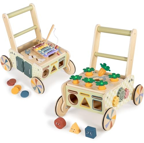 LOL-FUN Andador de madera para bebé con ruedas, andador de empuje para bebé niño de 12 meses, juego de cosecha de zanahorias para 1 año de edad, juguete Montessori