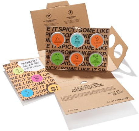 STAY SPICED ! Gewürze Kennenlernset GRILL | Gewürzbox mit 6 Gewürzmischungen für Grillen & BBQ | zum Verfeinern von Fleisch, Fisch & Gemüse | inkl. Infoheft mit Infos zu jedem Gewürz | Geschenkset
