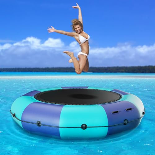 Inflatable Water Trampoline for Lake, 6FT/10FT/12FT/15FT Recreational Floating Water Bouncer with 500W Electric Inflator & Rope Ladder, Kids Adults Portable Pool Trampoline Swim Platform