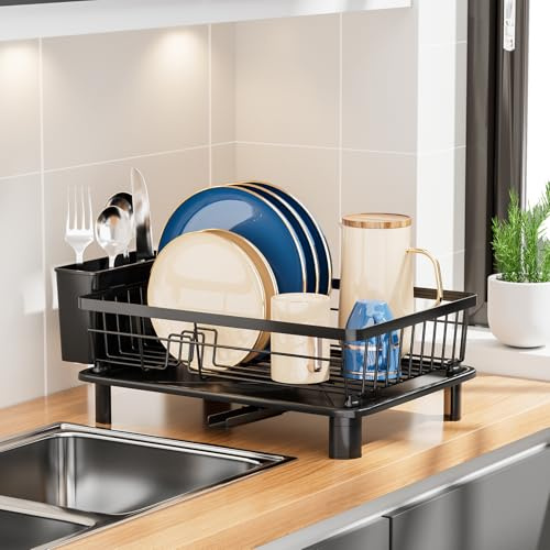 JOUING Escurreplatos Escurridor de Platos Acero Inoxidable Escurreplatos con Bandeja de Goteo Dish Drying Rack con Cesta para Cubiertos (Negro, Pequeño)